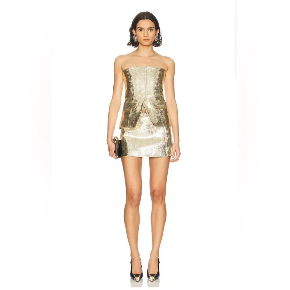 NWT RETROFÊTE ANNIE LEATHER mini skirt in GOLD (no belt)